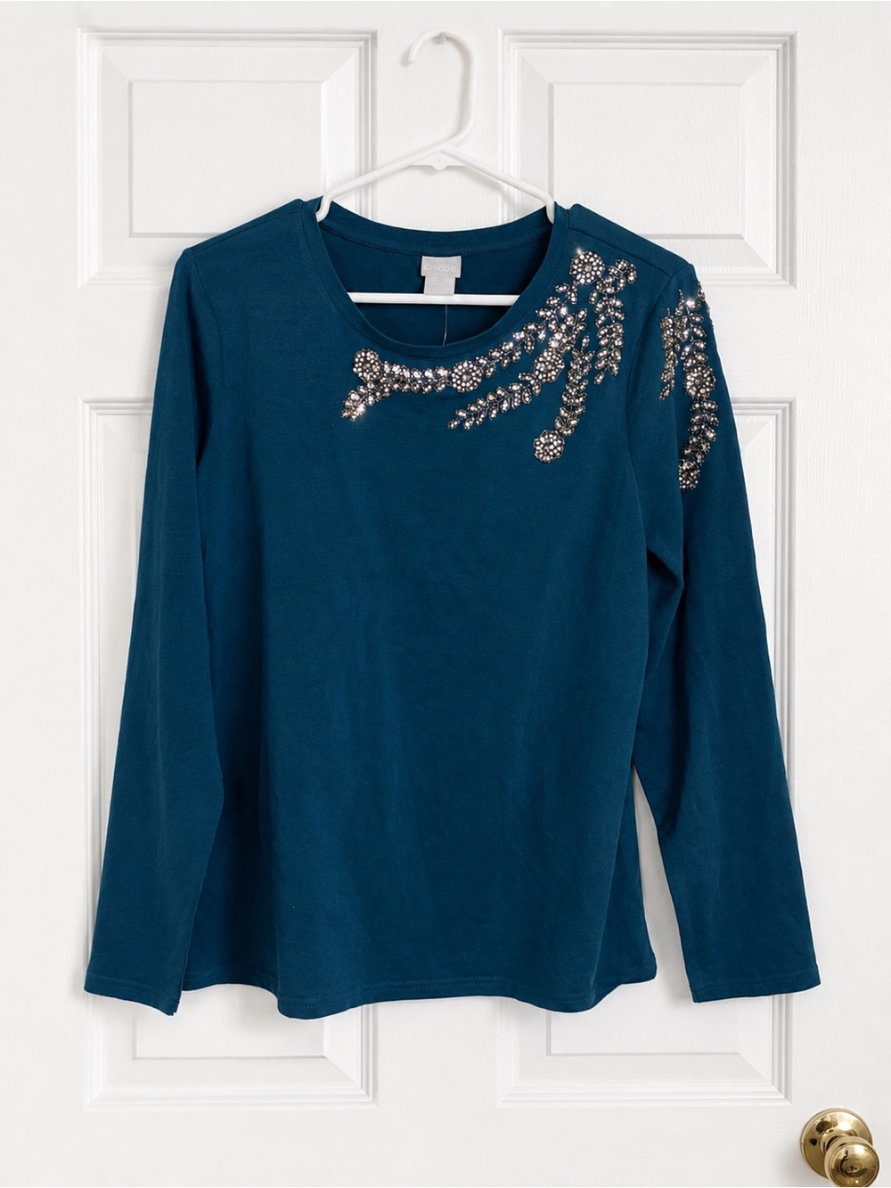 Chico's Teal Blue Long-Sleeve Embellished Top